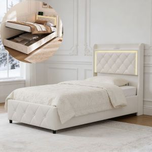 Lit 90x200 cm, lit coffre avec sommier &agrave; lattes, lit simple avec tete de lit, LED, tissu en velours, 90x200 cm, beige