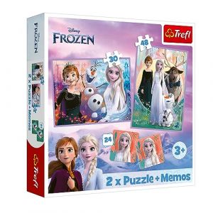 Trefl Disney La Reine des Neiges 2, Princesses dans Leur Pays - 3en1 : 2X Puzzles + Jeu de mémoire, Puzzles avec Personnages de Contes de fées, 30 et 48 éléments, pour Les Enfants à partir de 3 Ans