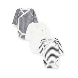 Image de Petit Bateau Lot 3 bodies ouverture côté 1-6 mois Blanc + Bleu - Taille 1 mois;3 mois;6 mois