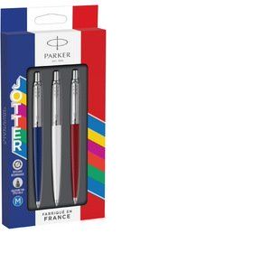 Image de Parker Jotter Originals Made in France - 3 Stylos bille - Bleu, Blanc et Rouge - attributs Chrom&eacute;s - pointe moyenne - encre bleu