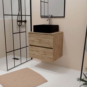 Aurlane Meuble Salle de Bains 80cm 2 Tiroirs Chêne Naturel + Vasque Carrée 41x41x15cm en Céramique Noire