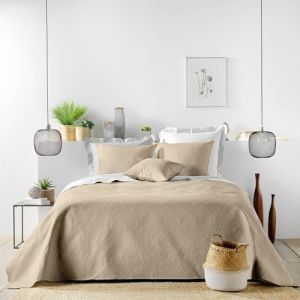 Douceur d'Int&eacute;rieur, Couvre-Lit Matelass&eacute; (240 x 260 cm) et 2 Taies d'oreiller (60 x 60 cm) Romane Lin, Microfibre Unie