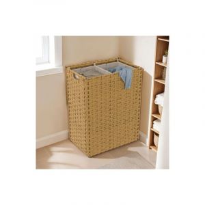 Idmarket Panier à linge 2 bacs effet rotin ALVIN tissu écru