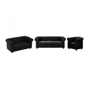 Canapés 3 places, 2 places et fauteuil en simili noir CHESTERFIELD