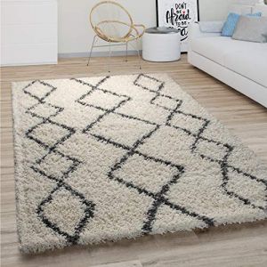 Tapis rond shaggy moderne - Paco Home - 120 cm - Cr&egrave;me - Motif g&eacute;om&eacute;trique - &Eacute;paisseur 40 mm