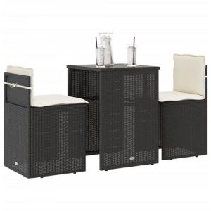VidaXL Ensemble de bistro 3 pcs avec coussins noir r&eacute;sine tress&eacute;e, ensemble de bistro de jardin, ensemble de balcon, ensemble de meubles d'ext&eacute;rieur