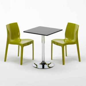 Grand Soleil Table Noir et 2 Chaises Colorées Polypropylene Set Interieur Bar Café MOJITO | Ice Anis vert - Noir - Carré