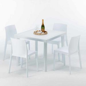 Image de Grand Soleil Table carrée et 4 chaises Poly rotin resine colorées 90x90 blanc | Rome Blanc