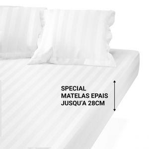 Drap Housse Grand Bonnet Satin De Coton ray&eacute; TERTIO -Blanc