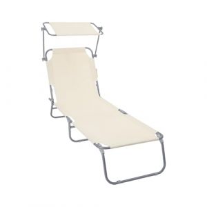Vounot Chaise Longue avec Pare Soleil Bain de Soleil Pliable Tissu Polyester Inclinable 4 Positions Transat Charge Max 120KG pour Jardin Terrasse Piscine Plage Camping Beige