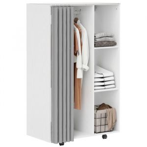 Homcom Armoire penderie sur roulettes - tringle penderie, 3 compartiments - effet bois blanc rideau gris