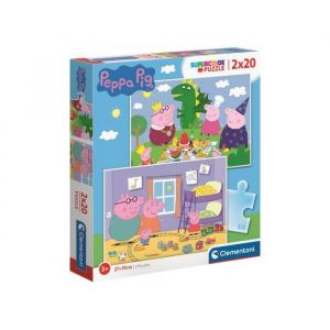 Clementoni Puzzle enfant 2 x 20 pieces - peppa pig et georges jouent au petit train / pique-nique en famille peppa le cochon