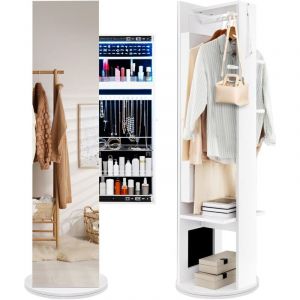 Armoire &agrave; Bijoux Pivotante &agrave; 360&deg;, Miroir Autoportant Pleine Longueur avec Rangement pour Bijoux, &Eacute;tag&egrave;res, Porte-Manteau, Lumi&egrave;res led 3 Couleurs,