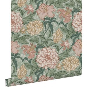 Estahome - papier peint fleurs vintage vert et vieux rose