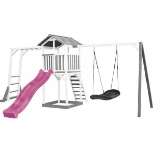 Axi Beach Tower Aire de Jeux avec Toboggan en Violet, Cadre d'escalade, Balançoire Nid d'oiseau Noir & Bac à Sable - Grande Maison