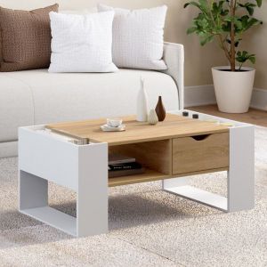 Idmarket Table basse rectangulaire BERYL avec tiroir bois blanc et façon hêtre