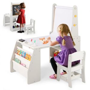 Bureau et Chaises pour Enfants avec Chevalet, Tableau Blanc et Tableau Noir, Rouleau de Papier, 2 &Eacute;tag&egrave;res Ouvertes, pour Dessin, Lecture, Gris
