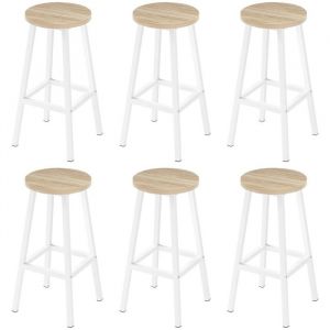 Lot de 6 Tabourets de Bar Klihome - Si&egrave;ge Rond en Bois d'Ing&eacute;nierie - Structure M&eacute;tallique - Tabouret Fixe Haut - Chaise Haute Cuisine - Repose-Pieds
