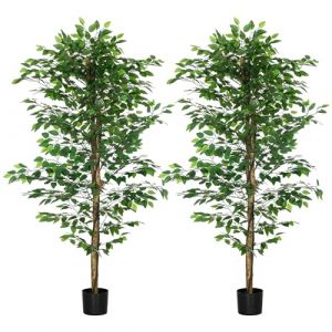 Homcom Lot de 2 plantes artificielles - ficus hauteur 180 m - tronc branches liane lichen feuilles grand réalisme pot inclus vert