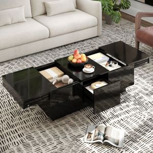 Table basse rectangulaire brillante avec rangement dissimul&eacute;, table d'appoint avec tiroirs, 100x50x31 cm, Noir
