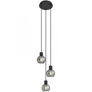 Qazqa Lampe à suspension Art Déco noire avec verre fumé ronde 3 lumières - Vidro