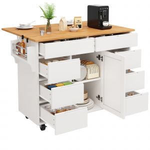 Buffet Cuisine,Armoire de Cuisineavec Roulettes et Plan de Travail,8 Tiroirs,Extensible,Roulettes Frein&eacute;es,Blanc