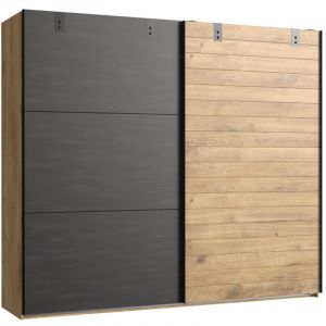 Pegane Armoire design 2 portes coulissantes Imitation chêne poutre rechampis raw steel - L200 x H218 x P65 cm -