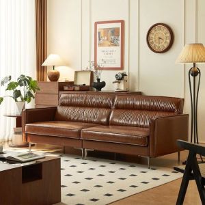 Oleylucklive - Canapé vintage cuir huilé 3 places 220 cm, métal marron