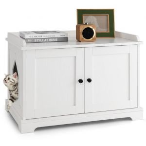 COSTWAY Maison de Toilette pour Chat avec 2 Portes, Meuble Bac à Litière avec Griffoir pour Chat et Entrée Latérale, 75x51x53 CM