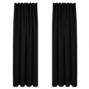 Deconovo lot de 2 Rideaux Occultants Isolants Thermiques avec Galon Fronceur, Petite Taille, 132x242 cm, Noir - Noir