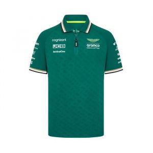 Aston Martin Polo Officiel Formule 1 Homme Vert - Coupe Droite - Col Polo - Manches Courtes - Polyester