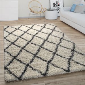 Image de Paco Home - Tapis Shaggy Tapis De Salon Poil Long Moderne Boho Scandinave Motif Diamant 200 cm rond, Cr&egrave;me 4