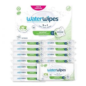 WaterWipes Hydrating Clean Baby Wipes, 720 unités (12 paquets), 99% d'eau avec aloe vera, 3-en-1 nettoie, soigne, hydrate, non parfumées, emballage pouvant varier