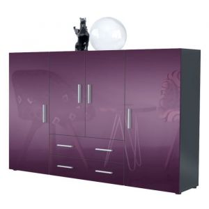Vladon - Buffet haut Commode Nora Anthracite mat en Décor Naturel - Haute brillance - Portes en Mûre laqué haute brillance - Portes en Mûre laqué