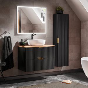 Ensemble meuble simple vasque 80cm et colonne Adriel Noir et Bois