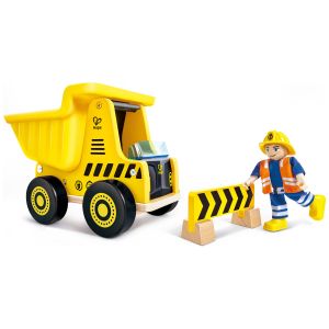 Hape Mes engins de Chantier - Camion Benne | avec Ouvrier de Construction| Godet Flexible et Accessoires | Jouet de Construction pour Enfants