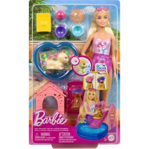 Mattel Coffret Piscine des Chiots avec poup&eacute;e, Niche, Toboggan, Piscine en Forme de c&oelig;ur, 2 Figurines Chiots, 6 Accessoires et Changement de Couleur, JBF35