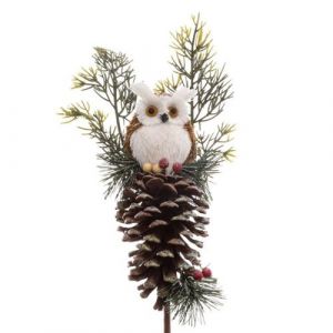 Branche décorative spéciale fêtes Hibou sur une pomme de pin H 75 cm