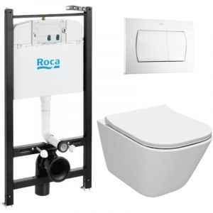 Roca Active Pack WC Bâti-support + Cuvette sans bride + Abattant slim SoftClose + Plaque blanche ACTIVEGAP-1)