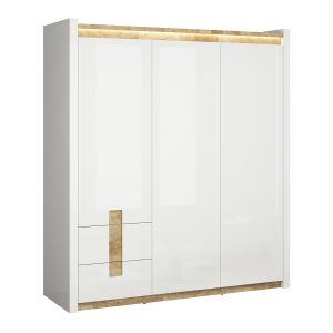 SANS Armoire 3 portes avec led blanc laqué et naturel