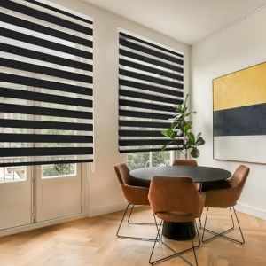 Blindecor Lira Store enrouleur jour nuit tissu double, couleur Noir, store zèbre 160 x 250 cm (largeur x hauteur) | Taille du tissu 157 x 245 cm. Stores tissu double élégants