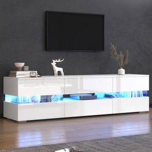 Meuble TV 160 x 39 x 45 cm, avec &eacute;clairage LED, 2 portes, 1 tiroir, compartiment ouvert, insert en verre acrylique, blanc laqu&eacute;