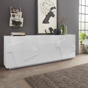 Buffet de Salon 4 placards 3 Tiroirs 220cm Blanc Brillant Ping Wide