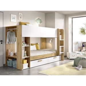 Lits superposés 2 x 90 x 200 cm avec rangements et penderie - Blanc et naturel + Matelas - OZANA