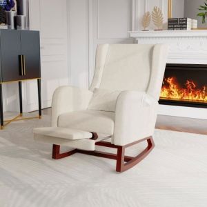 Fauteuil à bascule avec repose-pieds extractible, rocking chair en contin-lin, avec poches latérales, coussin, 64x67x99cm beige