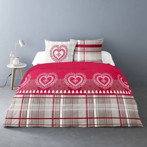 Dourev Housse de couette 260x240 Cœur de charme + 2 taies coton flanelle