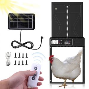 Porte Poulailler Solaire Automatique en Aluminium Avec un Panneau Solaire Minuterie écran LED Télécommande Deux Méthodes De Charge