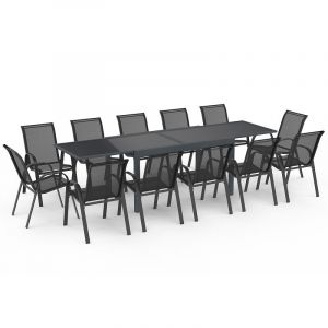 Idmarket Salon de jardin MADRID table extensible plateau gris 135-270 CM et 12 chaises empilables gris anthracite