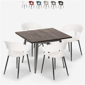 Ensemble de tables et chaises de jardin carr&eacute;es 4 personnes - AHD Amazing Home Design - Ensemble Table Carr&eacute;e 80x80cm Industriel et 4 Chaises Design Cuisine Restaurant Moderne Reeve - Blanc