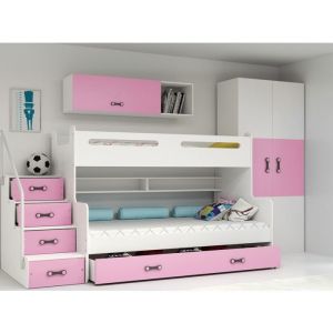 Lit Superposé Max 3 200x80, 200x120 Escalier Sommier &, 5 Tiroirs, Charge Max 100 kg (rose)